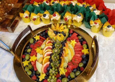golden serving bowl with fruit